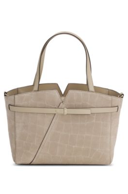 BOSS Revers printed-suede tote bag with belt detail, Light Beige