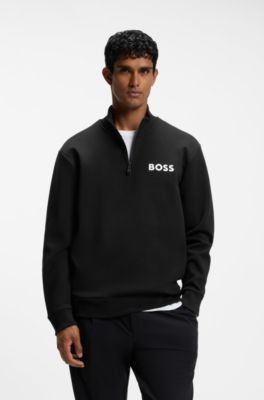 Zipper neck sweatshirt in stretch interlock fabric, Black