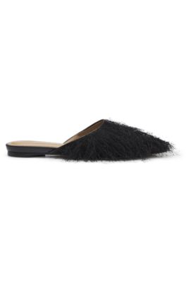 Pointed-toe mules with frayed trim, Black