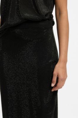 Jupe midi en maille orn&eacute;e de strass, Noir