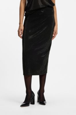 Jupe midi en maille orn&eacute;e de strass, Noir