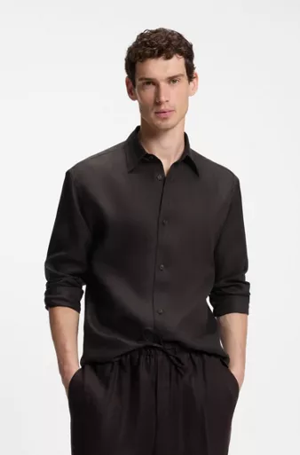 BOSS BY BECKHAM relaxed-fit linen shirt, Dark Brown