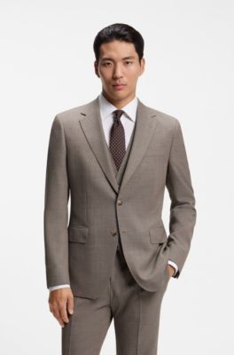 Micro-patterned slim-fit suit in Italian virgin wool, Light Brown