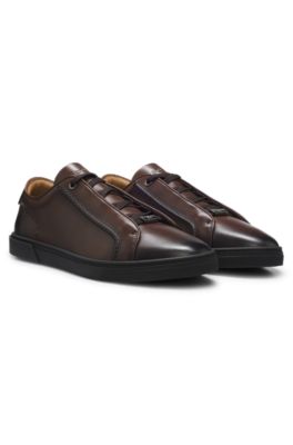 Low-cut sneakers in premium brushed leather, Dark Brown