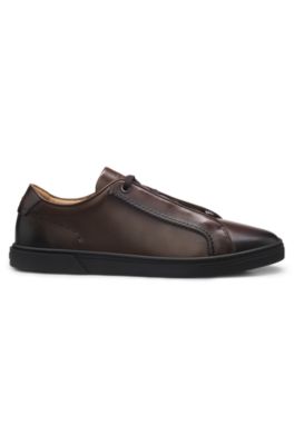 Low-cut sneakers in premium brushed leather, Dark Brown