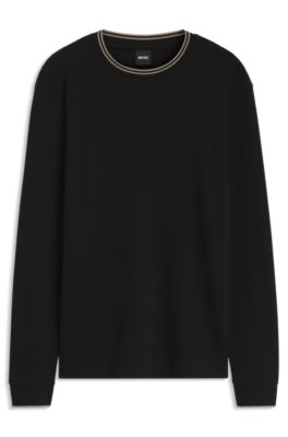 Camiseta de manga larga de algod&oacute;n el&aacute;stico con estructura de rejilla, Negro
