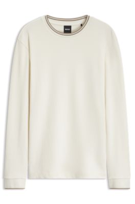 Long-sleeve T-shirt in waffle-textured stretch cotton, White