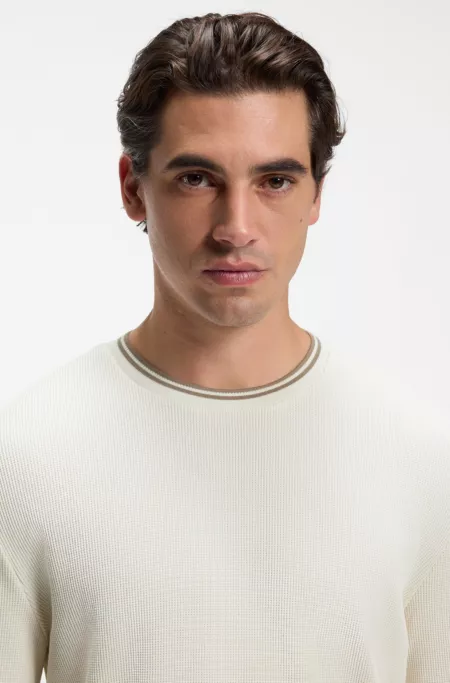 Long-sleeve T-shirt in waffle-textured stretch cotton