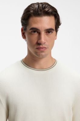 Long-sleeve T-shirt in waffle-textured stretch cotton, White