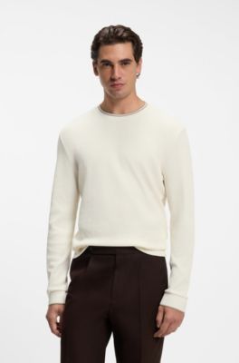 Long-sleeve T-shirt in waffle-textured stretch cotton, White