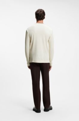 Long-sleeve T-shirt in waffle-textured stretch cotton, White