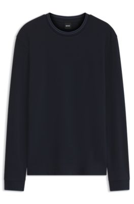 Long-sleeve T-shirt in waffle-textured stretch cotton, Dark Blue