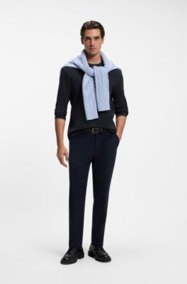 Long-sleeve T-shirt in waffle-textured stretch cotton, Dark Blue