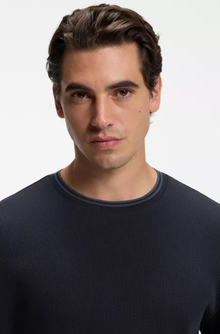 Long-sleeve T-shirt in waffle-textured stretch cotton