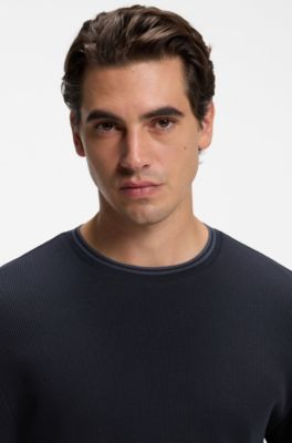 Long-sleeve T-shirt in waffle-textured stretch cotton, Dark Blue