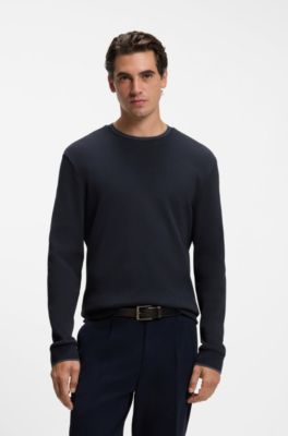 Long-sleeve T-shirt in waffle-textured stretch cotton, Dark Blue