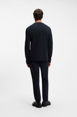 Long-sleeve T-shirt in waffle-textured stretch cotton, Dark Blue