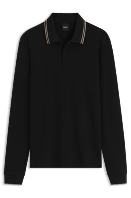 Waffle-textured polo shirt in stretch cotton, Black