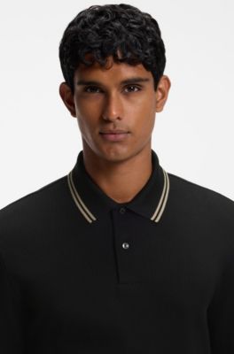 Waffle-textured polo shirt in stretch cotton, Black