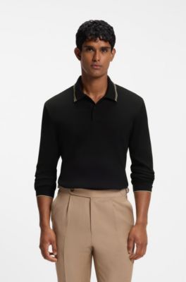 Waffle-textured polo shirt in stretch cotton, Black