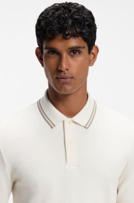 Waffle-textured polo shirt in stretch cotton, White
