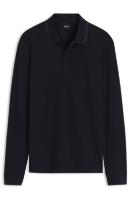 Waffle-textured polo shirt in stretch cotton, Dark Blue