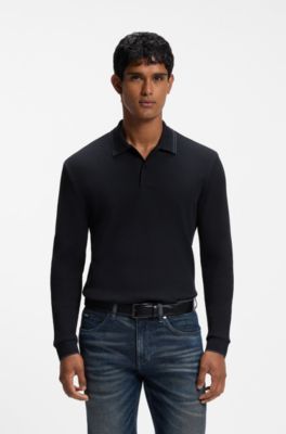 Waffle-textured polo shirt in stretch cotton, Dark Blue