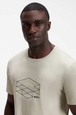 Stretch-cotton T-shirt with graphic print, Light Beige