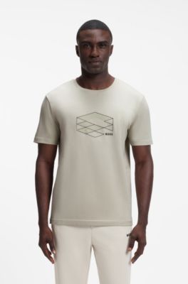 Stretch-cotton T-shirt with graphic print, Light Beige