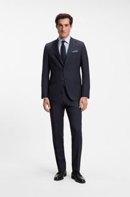 Traje slim fit de dos piezas en lana, Azul oscuro