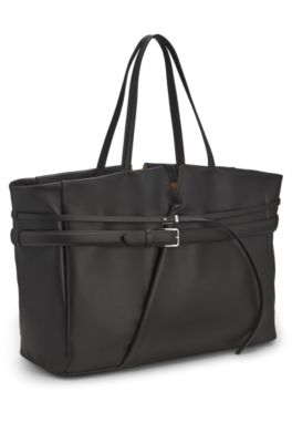 BOSS Revers bolso tote de piel con doble detalle de cintur&oacute;n, Marr&oacute;n oscuro
