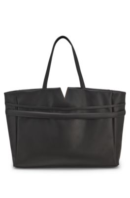 BOSS Revers leather tote with double-belt detail, Dark Brown