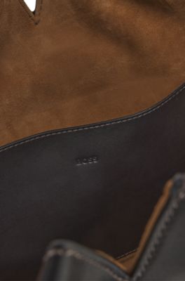BOSS Revers leather tote with double-belt detail, Dark Brown