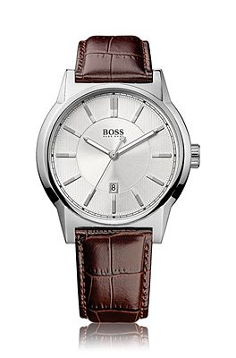 BOSS Brown Crocodile Embossed Leather Strap Quartz Watch