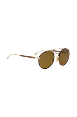 BOSS - Brown Lens Round Leather Wrapped Sunglasses | BOSS 0886S display picture 2