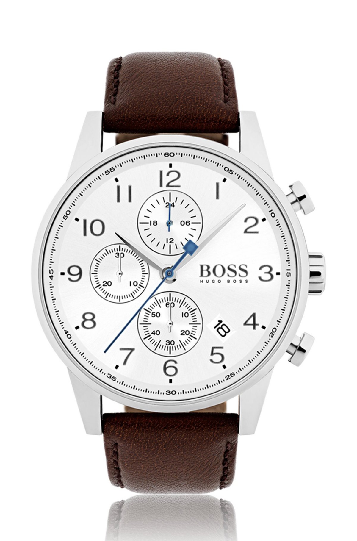 BOSS - Polished stainless-steel watch with silver-white dial and leather  strap