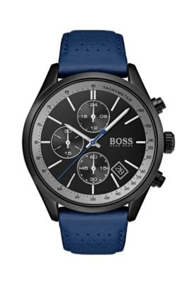 Black-dial watch with blue perforated 