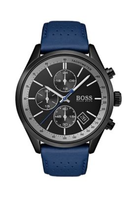 Black-dial watch with blue perforated leather strap, Assorted-Pre-Pack