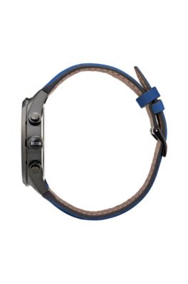 Black-dial watch with blue perforated leather strap, Assorted-Pre-Pack
