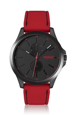 Black-plated wristwatch with red strap