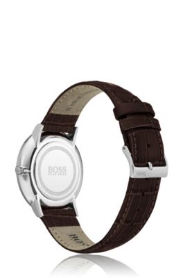 Polished stainless-steel watch with enamel dial and leather strap, Assorted-Pre-Pack