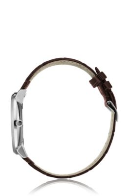 Polished stainless-steel watch with enamel dial and leather strap, Assorted-Pre-Pack