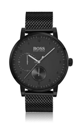 Black-plated stainless-steel watch with slimline bezel, Assorted-Pre-Pack