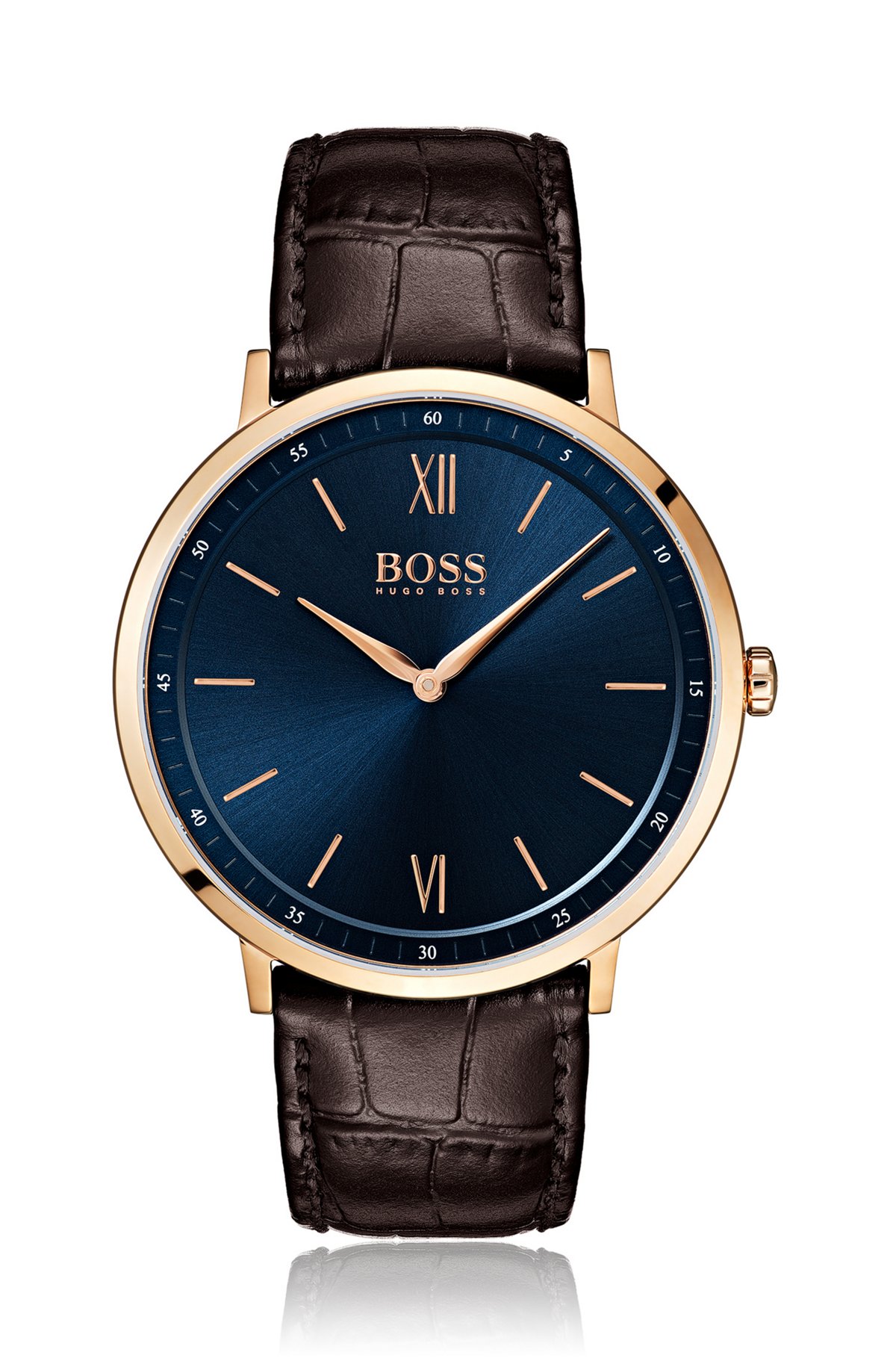 - Rose-gold-plated watch with blue dial and leather strap