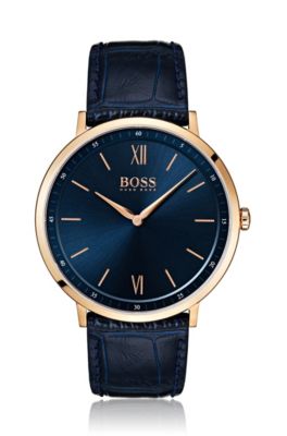 Hugo Boss - Rose Gold Plated Watch With Blue Dial And Leather Strap In Assorted-pre-pack