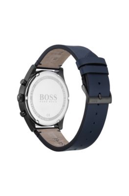 Leather-strap chronograph watch with navy dial, Assorted-Pre-Pack