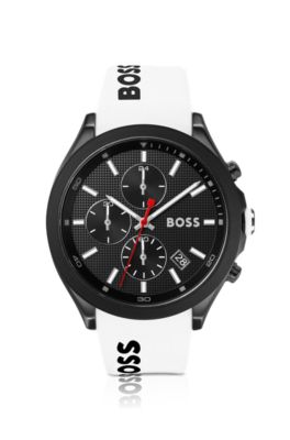 BOSS Black plated chronograph watch with white logo strap