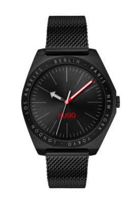 Black-plated watch with engraved city 
