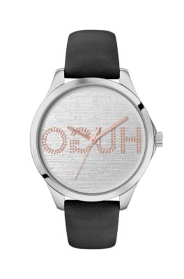 Leather-strap watch with embossed-dot reverse-logo dial, Assorted-Pre-Pack