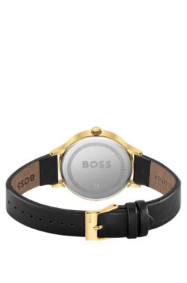 Leather-strap watch with brushed black dial, Assorted-Pre-Pack